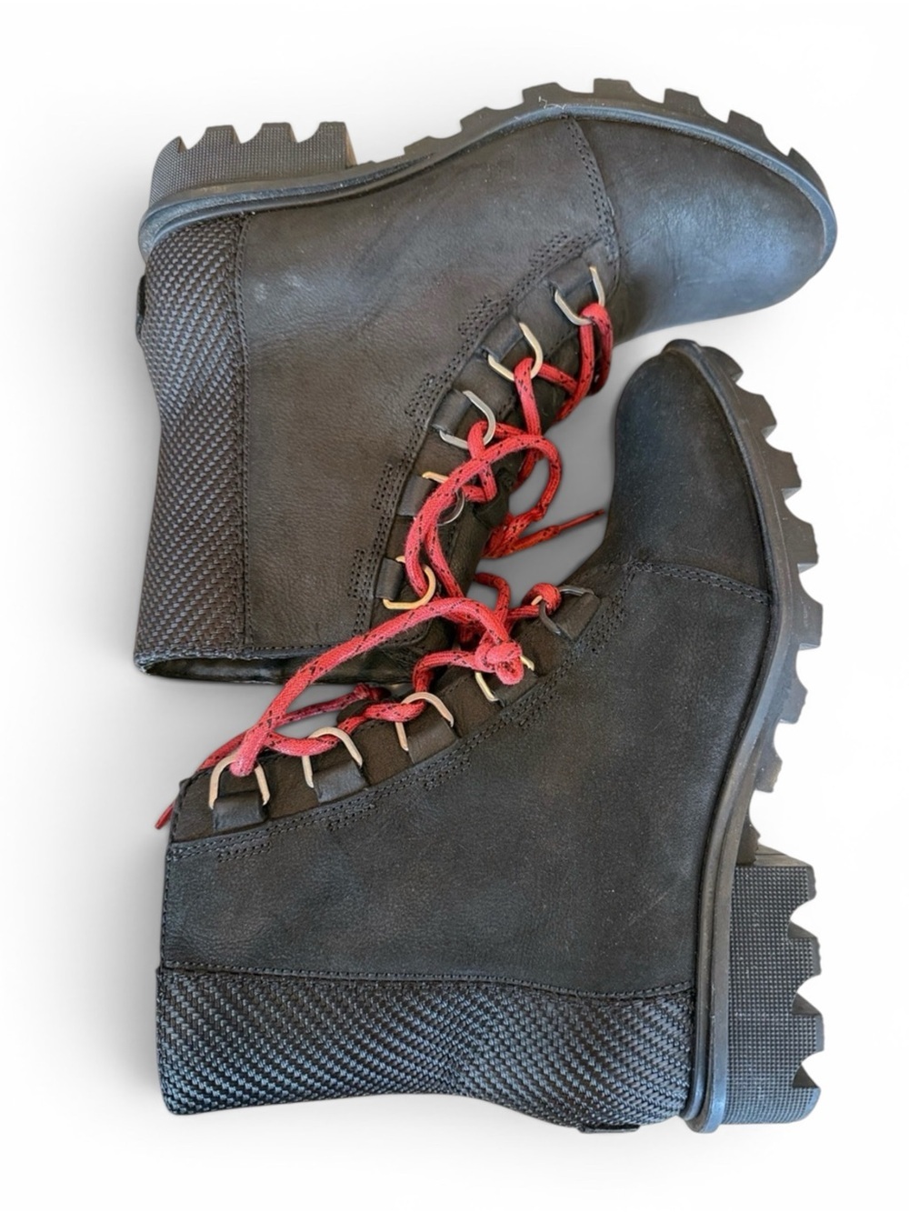 Women's 8.5 Sorel Black‎ Leather Lace-Up Ankle Boots with Red Laces